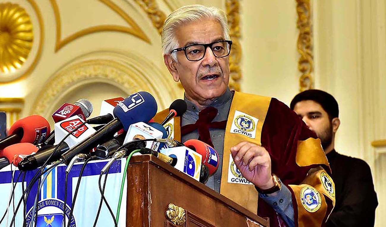 In this file photo, taken on June 29, 2024, Pakistan Defense Minister Khawaja Muhammad Asif speaks during a convocation ceremony of Government College Women’s University in Sialkot. (APP/File)