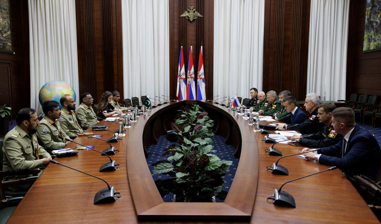 In this handout photo, taken and released by Pakistan’s Inter-Service Public Relations (ISPR), General Sahir Shamshad Mirza (4L), Chairman Joint Chief of Staff Committee, holds meeting with Col. General Alexander Fomin, Deputy Defense Minister, Aleksandr Venediktov, Deputy Secretary of the Security Council of the Russian Federation and Col. General S. Y. Istrakov, Deputy Chief of General Staff of Armed Forces of the Russian Federation in Moscow on July 10, 2024. (Photo courtesy: ISPR)