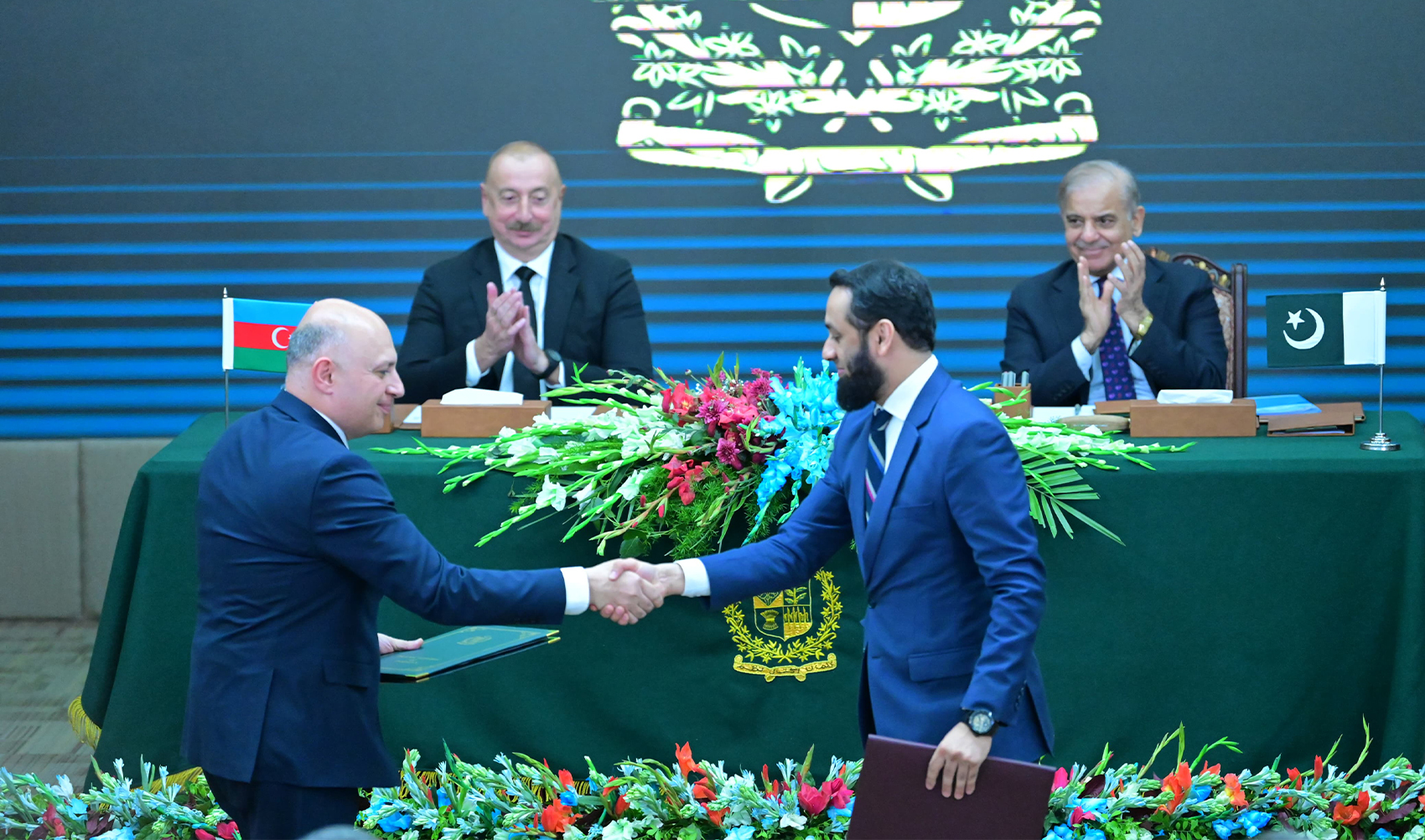 Pakistan and Azerbaijan sign agreements in various fields including transit trade, mineral resources and tourism during the ongoing visit of Azerbaijan President Ilham Aliyev to Islamabad, Pakistan on July 11, 2024. (Government of Pakistan)