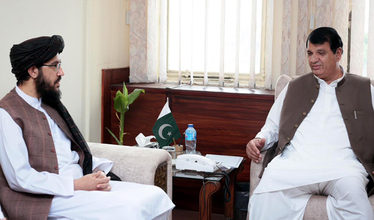 Pakistani Federal Minister for States and Frontier Regions, Amir Muqam (right), meets Charge d’Affaires of Afghanistan, Sardar Ahmed Khan Shakib, in Islamabad on July 12, 2024. (Radio Pakistan)