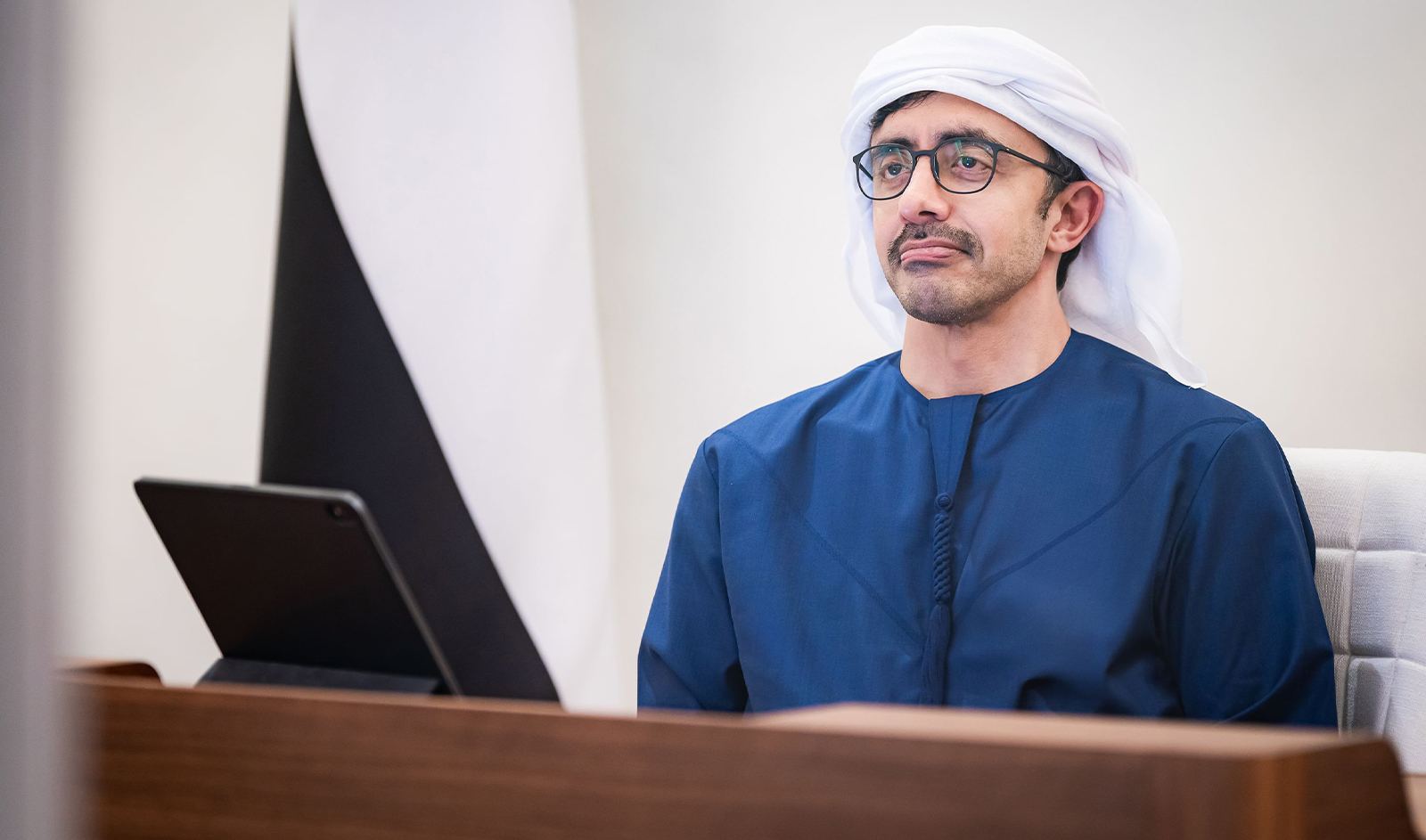 Sheikh Abdullah bin Zayed Al-Nahyan, Deputy Prime Minister of the United Arab Emirates, attends a virtual meeting in Abu Dhabi, UAE, on March 14, 2024. (WAM/File)