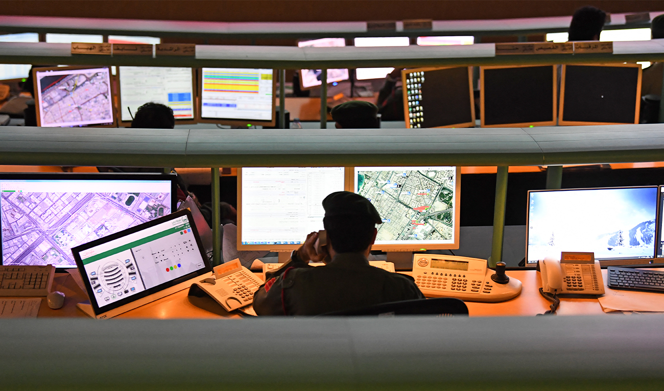 Police officers monitor the streets and receive calls from citizens at the Command and Control Center of Dubai Police in the Gulf emirate, on February 24, 2020. (AFP/File)