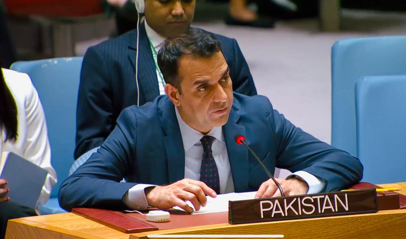 Pakistan’s Deputy Permanent Representative to the United Nations Ambassador Usman Jadoon speaks during an open debate on multilateral cooperation at the United Nations in New York on July 18, 2024. (Photo courtesy: X/Pakistan Mission to UN)