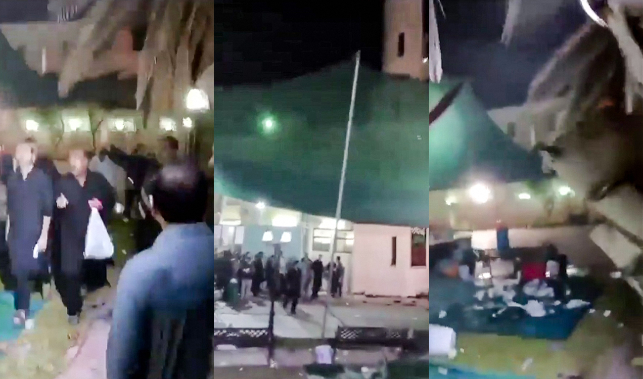 In this combination photo, created on July 18, 2024, image grab from a UGC video taken on July 16, 2024 shows the scene of a shooting at the Imam Ali Mosque in the Al-Wadi Al-Kabir area in the east of Oman’s capital Muscat. (AFP)