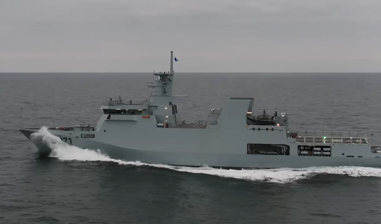 This screengrab, taken from a handout video released by Pakistan Navy shared on July 19, 2024, shows Pakistan Navy’s warship Yarmook on a regional maritime security patrol in the Indian Ocean. (Photo courtesy: Pakistan Navy)