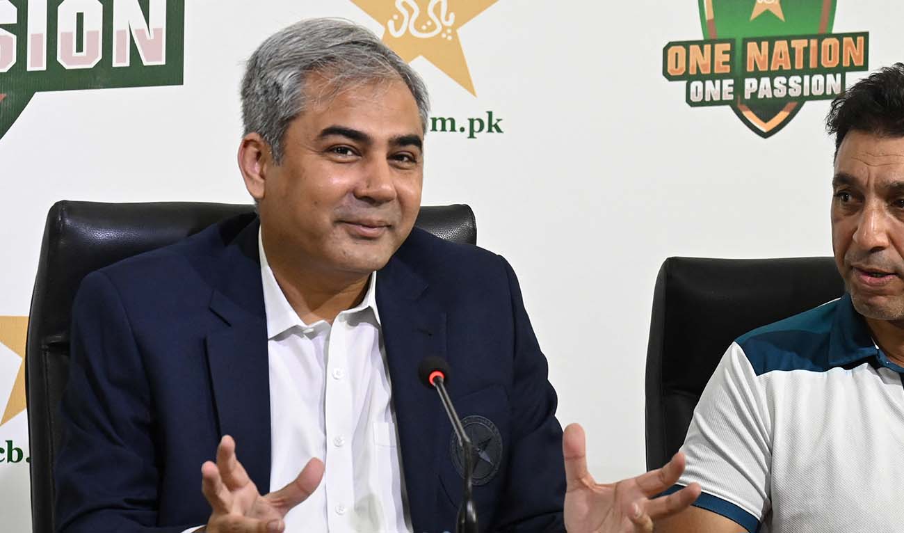Pakistan Cricket Board (PCB) chairman Mohsin Naqvi takes part in a media briefing in Lahore on April 28, 2024. (AFP/File)