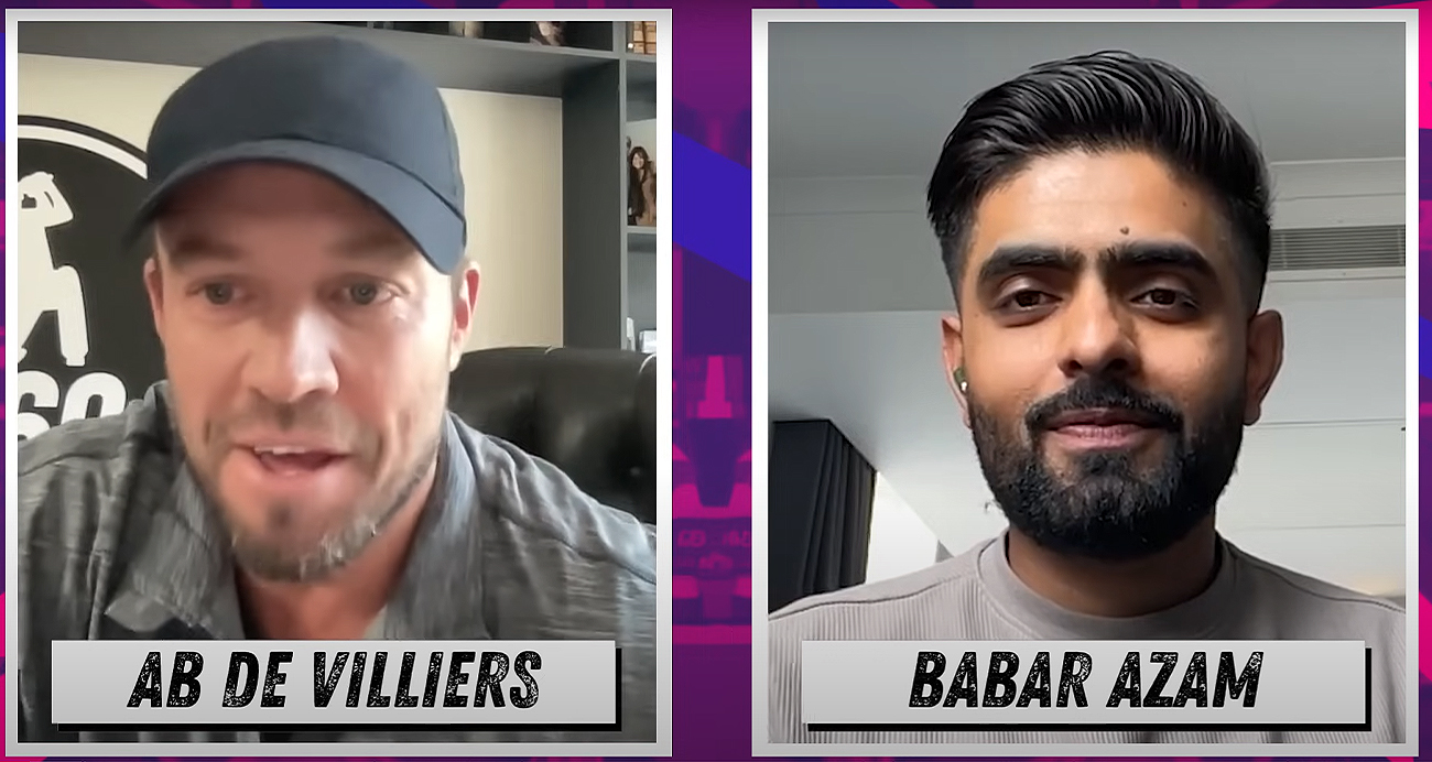 The screengrab taken on July 22, 2024, from the interview on AB de Villiers 360 shows former South African batter AB de Villiers interviewing Pakistani cricket team captain Babar Azam. (AB de Villiers 360)