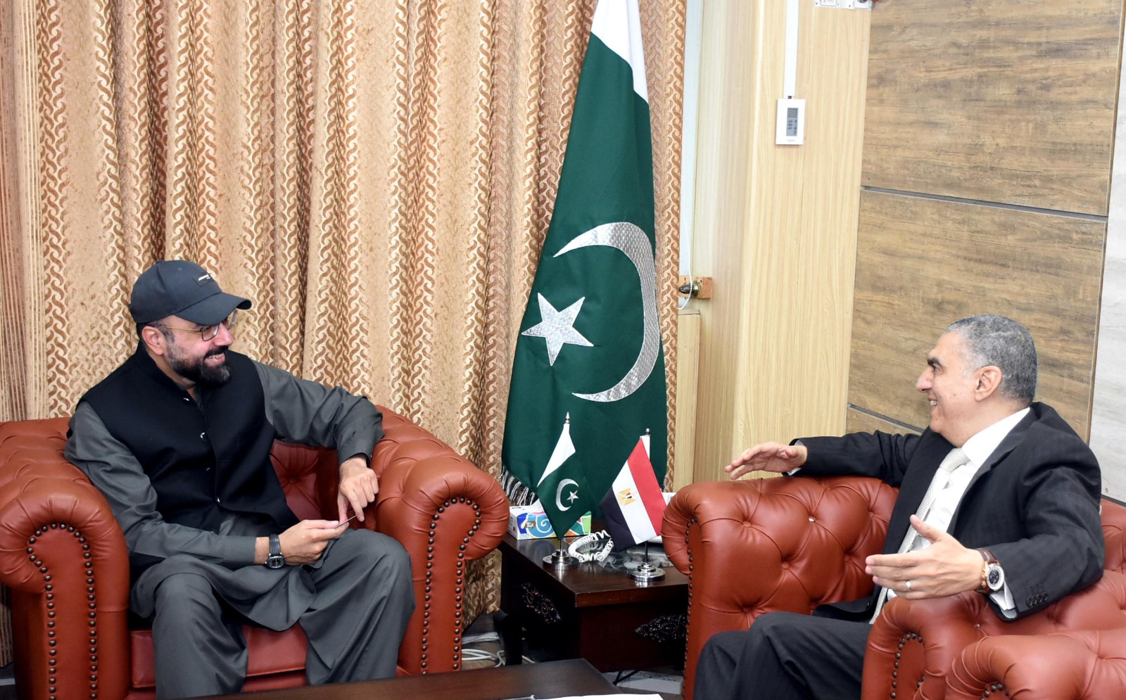 Pakistan's Federal Minister for Religious Affairs and Interfaith Harmony, Chaudhry Salik (left), meets Egyptian Ambassador Dr. Ihab Mohamed Abdelhamid Hassan in Islamabad, Pakistan on July 23, 2024. (Religious Affairs Ministry)