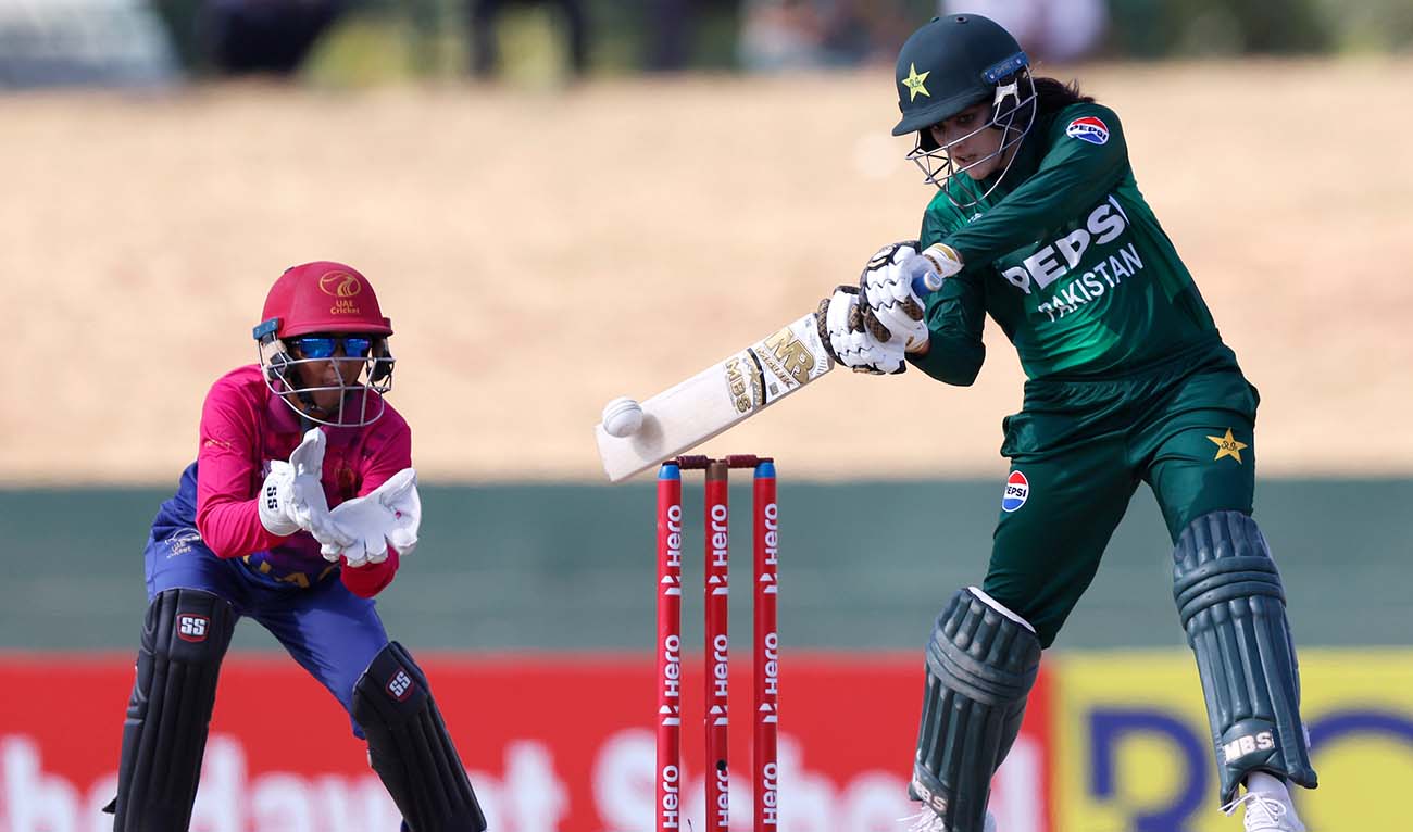 Pakistan's Gull Feroza (right) plays a shot in their clash with UAE during the Women’s Asia Cup T20 2024 at the Rangiri Dambulla International Stadium in Sri Lanka on July 23, 2024. (@TheRealPCB/X)