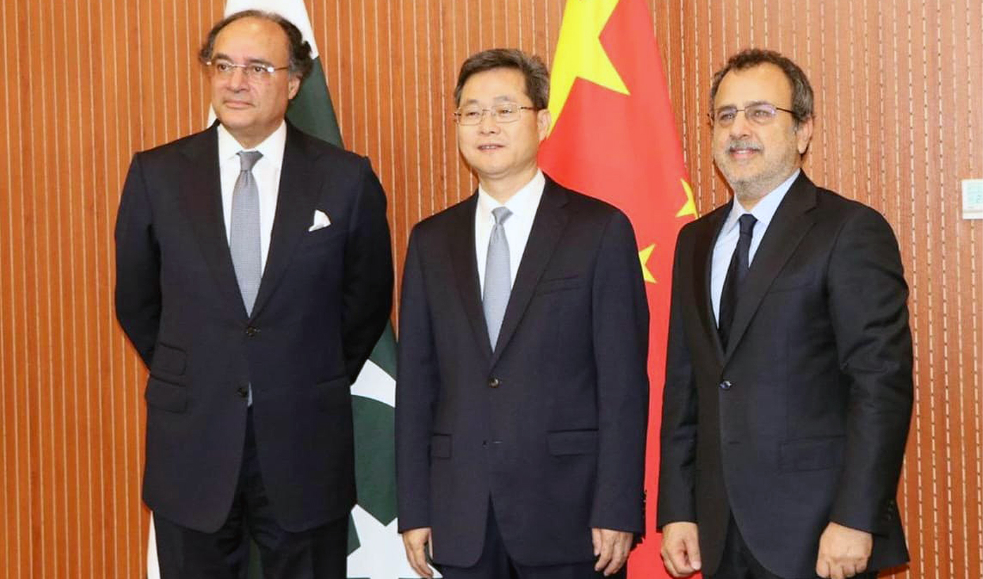 Pakistan's finance minister Muhammad Aurangzeb (left) is pictured with energy minister Sardar Awais Ahmad Khan Leghari (right) and his Chinese counterpart, Lan Fo’an, in Beijing, China, on July 25, 2024. (@akleghari/X)