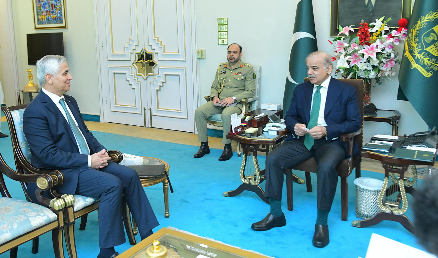 Outgoing Secretary General of Economic Cooperation Organization, Khusrav Noziri (left), calls on Pakistan's Prime Minister Shehbaz Sharif in Islamabad on July 25, 2024. (PM Office)