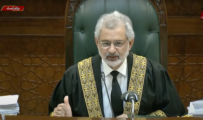A screengrab taken on October 11, 2023 from PTV News shows Pakistan's chief justice Qazi Faez Isa announcing the verdict on the petitions against the Supreme Court (Practice and Procedure) Act 2023 in Islamabad, Pakistan. (PTV News/News)