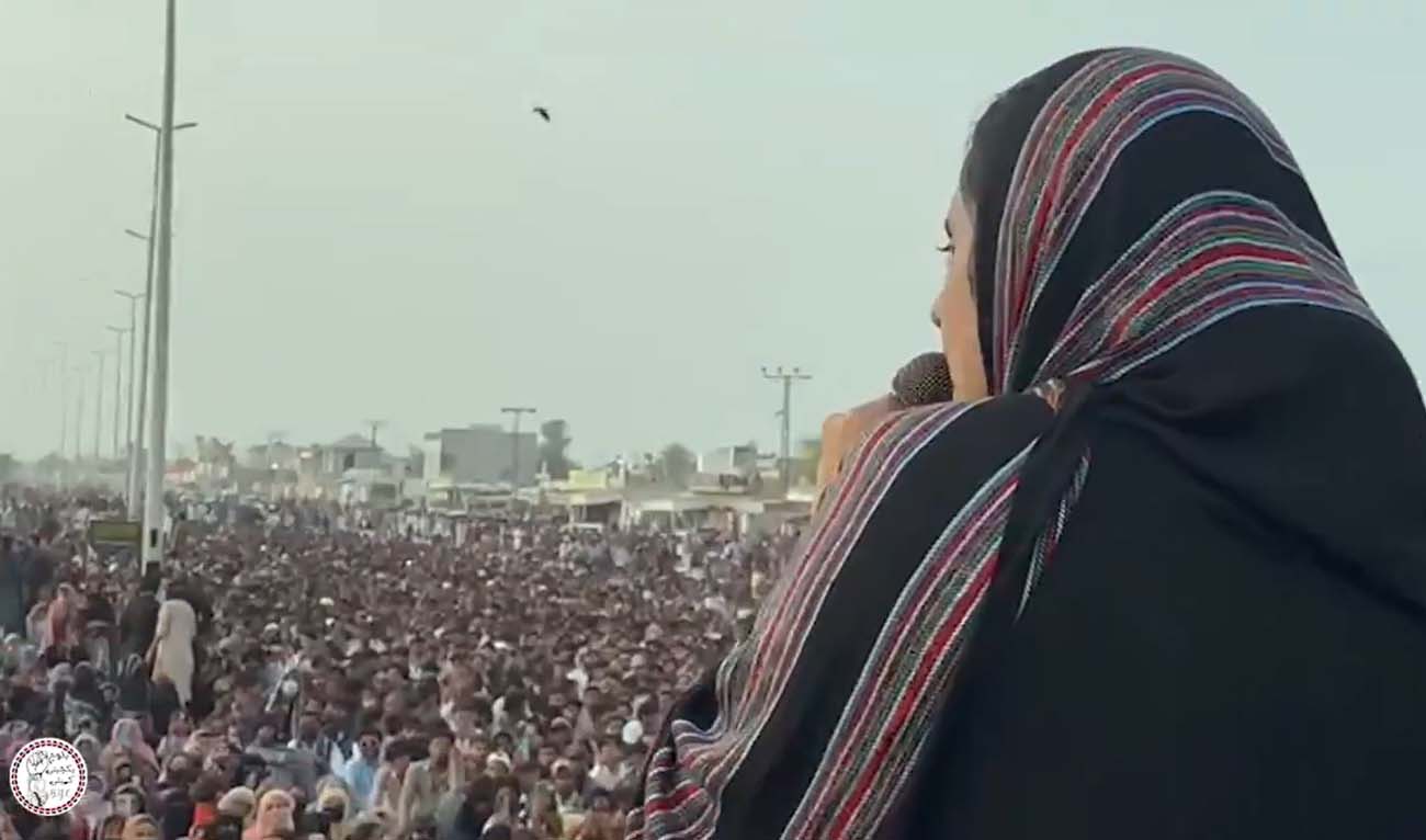 The still image taken from a video shows Baloch human rights activist Dr. Mahrang Baloch addressing a protest gathering in Gwadar, Pakistan, on July 28, 2024. (Photo courtesy: Baloch Yakjehti Committee/X)