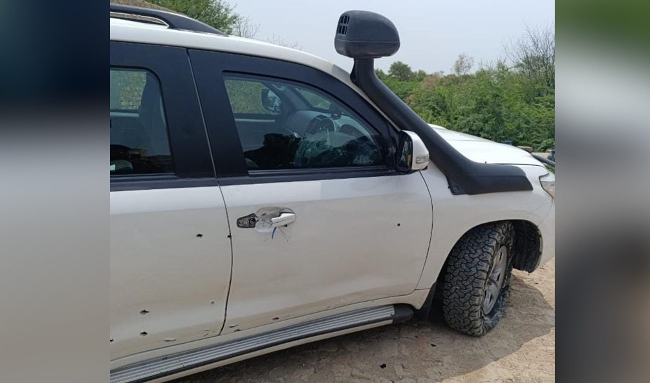 The picture shared by Tank police on July 30, 2024 shows bullet holes on a UN vehicle attacked by unidentified gunmen in Pakistan's Dera Ismail Khan district. (Tank Police)