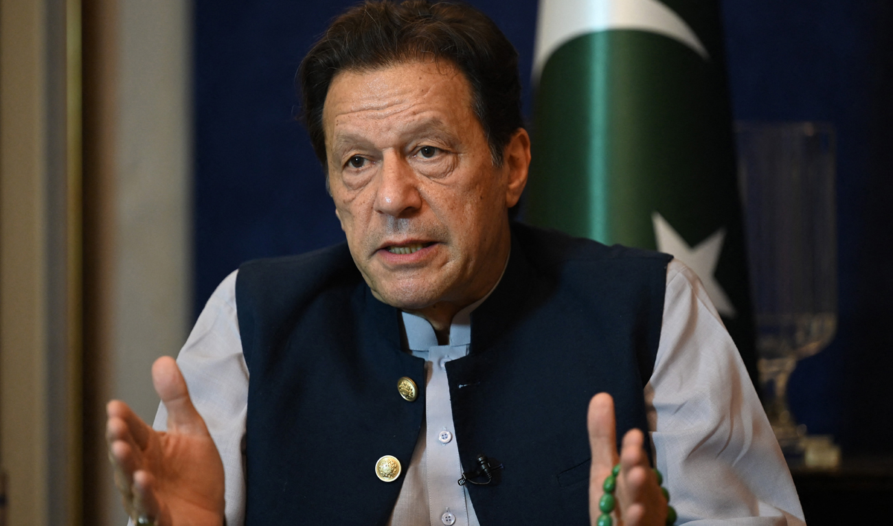 In this file photograph, taken on March 15, 2023, former Pakistan’s prime minister Imran Khan speaks during an interview at his residence in Lahore. (AFP/File)