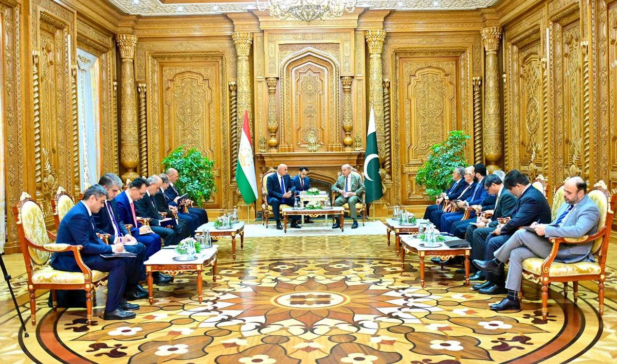 Chairman of Tajikistan’s Low Chamber of the Parliament, Muhammadtoir Zokirzoda, gestures during his meeting with Pakistan Prime Minister Shehbaz Sharif in Dushanbe on July 3, 2024. (Photo courtesy: PMO)