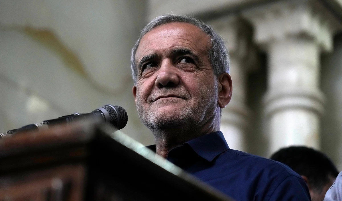 Iran's President-Elect Masoud Pezeshkian speaks during a meeting a day after the presidential election, at the shrine of the late revolutionary founder Ayatollah Khomeini, just outside Tehran, Iran, on July 6, 2024. (AP)