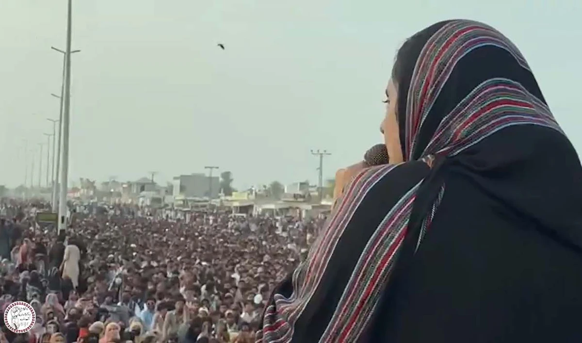 The still image taken from a video shows Baloch human rights activist Dr. Mahrang Baloch addressing a protest gathering in Gwadar, Pakistan, on July 28, 2024. (Photo courtesy: Baloch Yakjehti Committee/X)