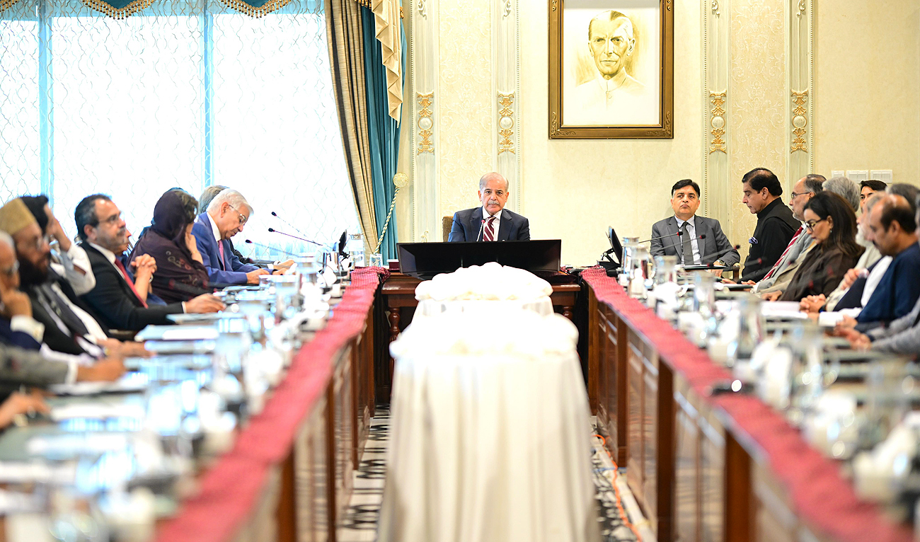 In this handout photograph, taken and released by Prime Minister’s Office, Pakistan Prime Minister Shehbaz Sharif chairs a consultative meeting of Allied Parties on situation in Palestine in Islamabad on August 1, 2024. (Photo courtesy: PMO)