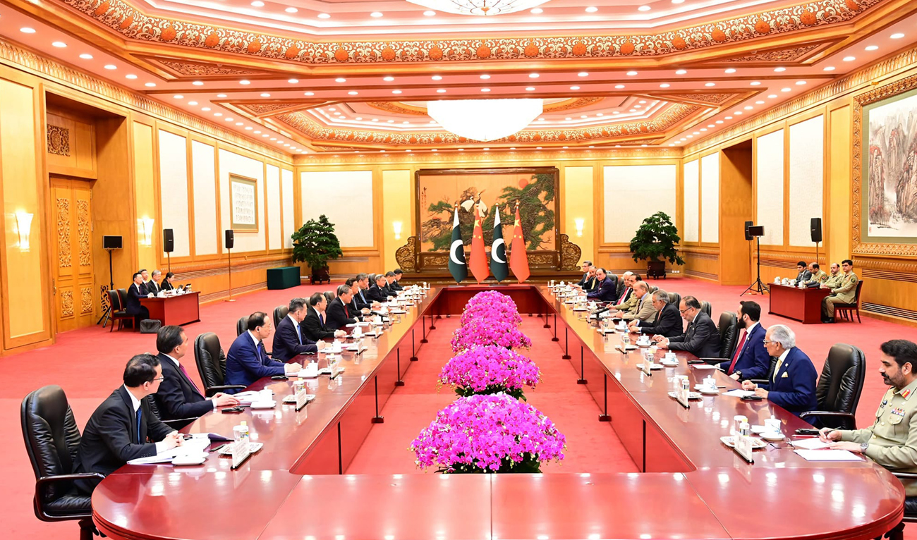 In this file photograph, taken and released by Pakistan’s Press Information Department on June 7, 2024, Pakistan Prime Minister Shehbaz Sharif (6R) and Chinese Primere Li Qiang (7L) attend delegation level talks between Pakistan and China in Beijing. (PID/File)