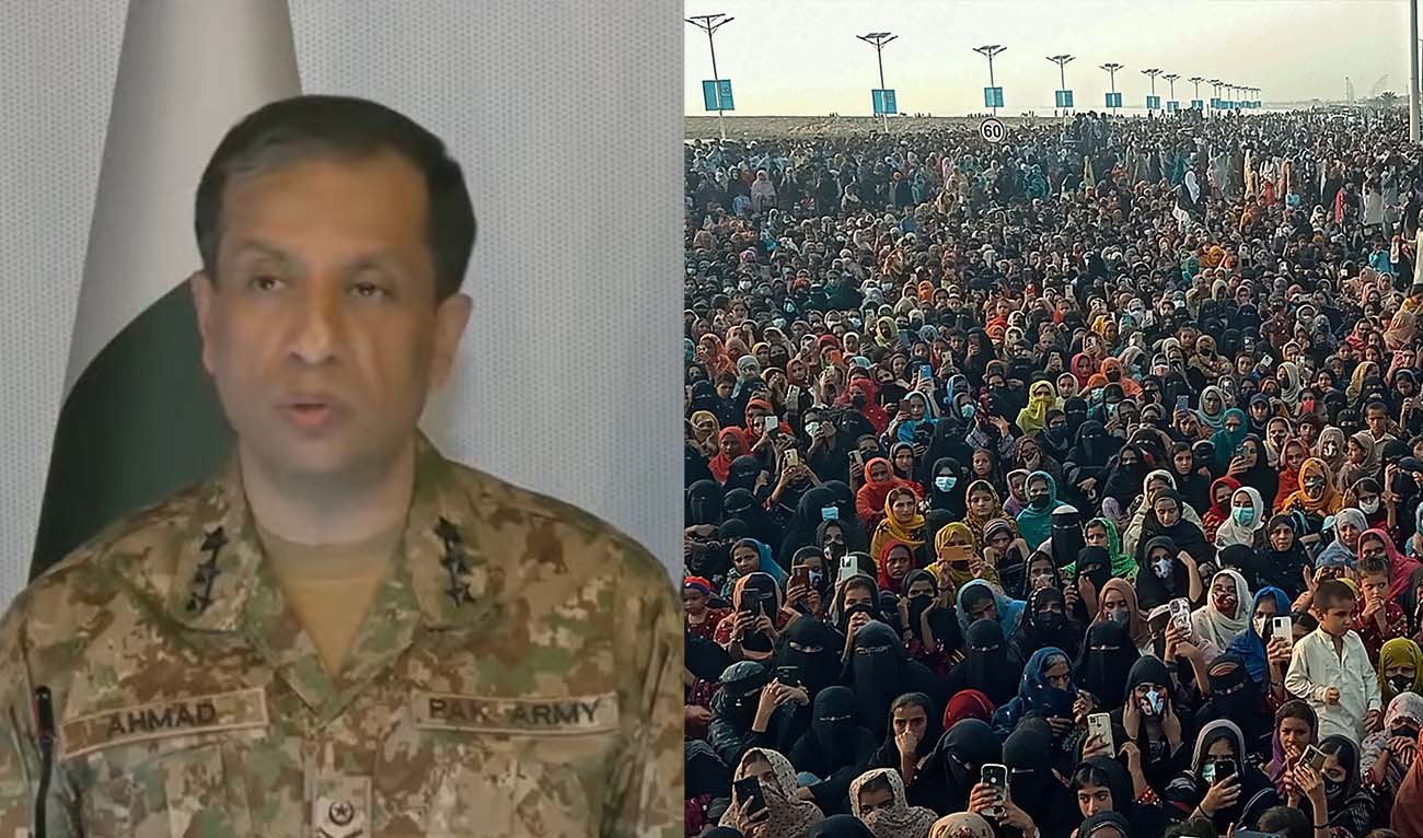 The combination of photos shows Pakistan Military spokesperson Lt. Gen. Ahmad Sharif Chaudhry (right) speaking during a press conference in Islamabad, on August 5, 2024, and people from the Baloch community taking part in a demonstration in Gwadar of Pakistan's Balochistan province on July 28, 2024. (Photo courtesy: PTV News/ AFP/ File)