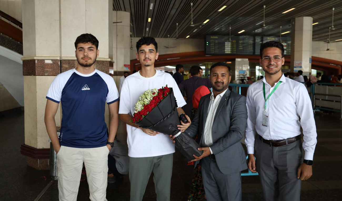 Palestinian students, Amir S. F. Rasas and Soltan Nasser Mahfouz Barakah (right) arrive in Pakistan on August 6, 2024. (COMSTECH)