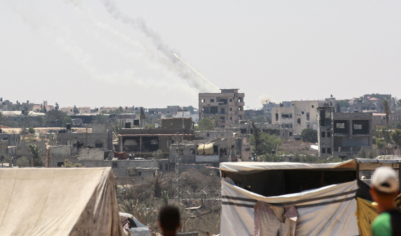 Rockets are fired from Khan Yunis in the southern Gaza Strip toward Israel on August 5, 2024, amid the ongoing conflict between Israel and Hamas. (AFP)