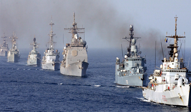 PNS Khaibar (Fifth vessel on the left), in a formation of assigned to Combined Task Force 150 led by Italian Scirocco in the Indian Ocean in 2006. (US Navy/File)