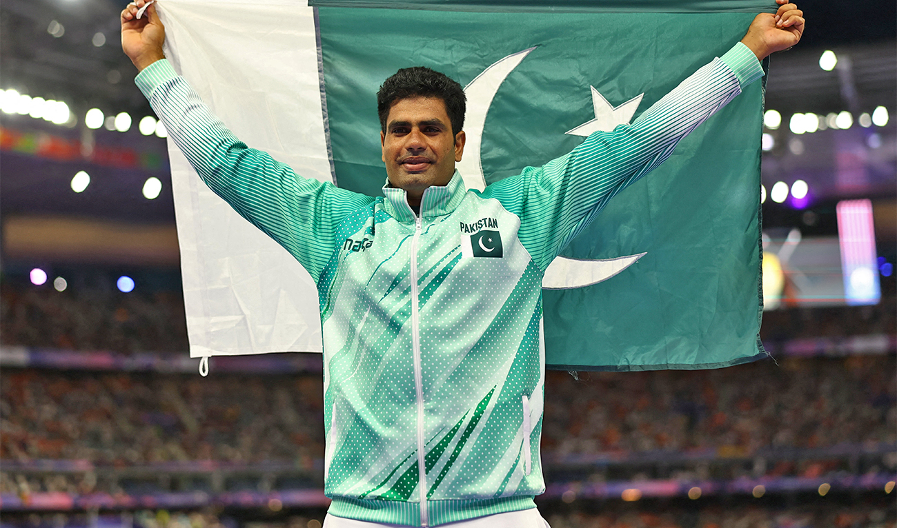 Gold medallist Arshad Nadeem of Pakistan celebrates after winning Men's Javelin Throw Final in Paris 2024 Olympics in Saint-Denis, France, on August 08, 2024. (REUTERS)