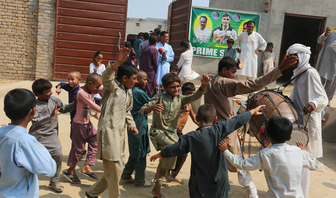 Pakistan's javelin gold-medallist of Paris Olympics 2024, Arshad Nadeem's house is pictured as villagers gather to celebrate in Mian Channu on August 9, 2024. (AFP)