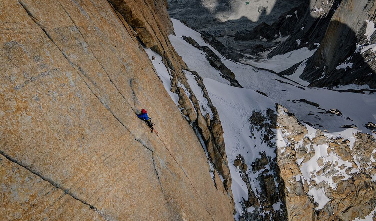The picture shared by Italian mountain climber Stefano Ragazzo on August 2, 2024 shows Stefano Ragazzo ascenting of the 2,100-foot-long “Eternal Fame” alpine rock wall located in the Nameless Towers along the Karakoram range in Pakistan’s northern Gilgit-Baltistan region. (@bigrockmediahouse via ragazzo.stefano/Instagram)