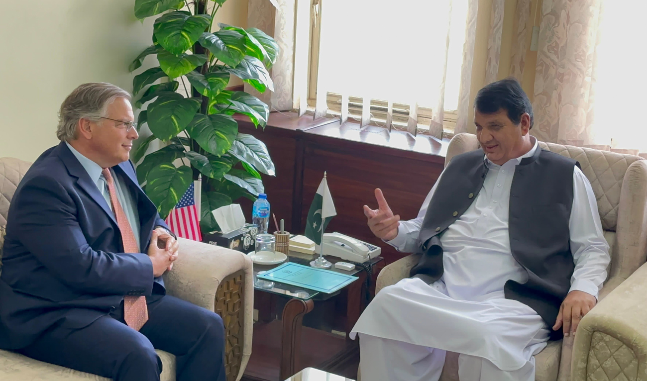 Pakistan’s States and Frontier Regions Minister Amir Muqam speaks during a meeting with US Ambassador Donald Blome in Islamabad on August 8, 2024. (Photo courtesy: US Embassy)