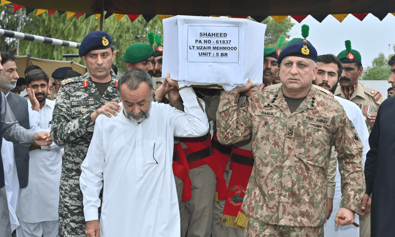 Funeral prayers of Pakistan army officer, Lt. Uzair Mehmood Malik, are bring offered at the Peshawar Garrison in Peshawar, Pakistan on August 11, 2024. (Radio Pakistan)