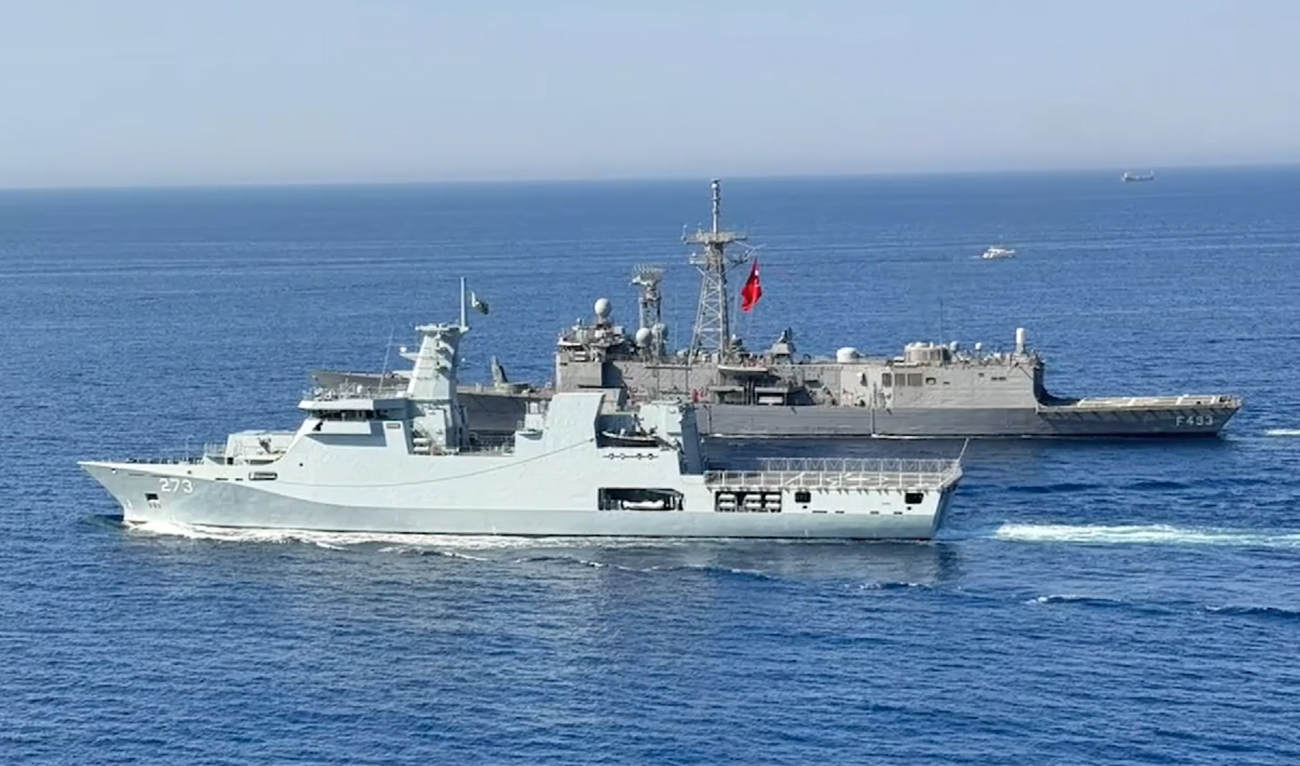 This handout photograph, taken and released by Director General Public Relations Pakistan Navy on August 16, 2024, shows Pakistan and Turkiye’s naval ships HUNAIN and GELIBOLU in Romania. (Photo courtesy: Pakistan Navy)