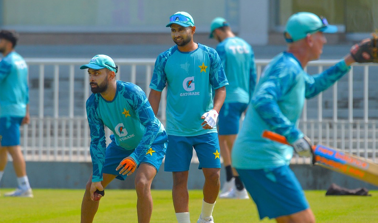This photo, taken and released by Pakistan Cricket Board, shows Pakistani cricketers during the practice session in Karachi on August 16, 2024, ahead of Test series against Bangladesh. (Photo courtesy: PCB)