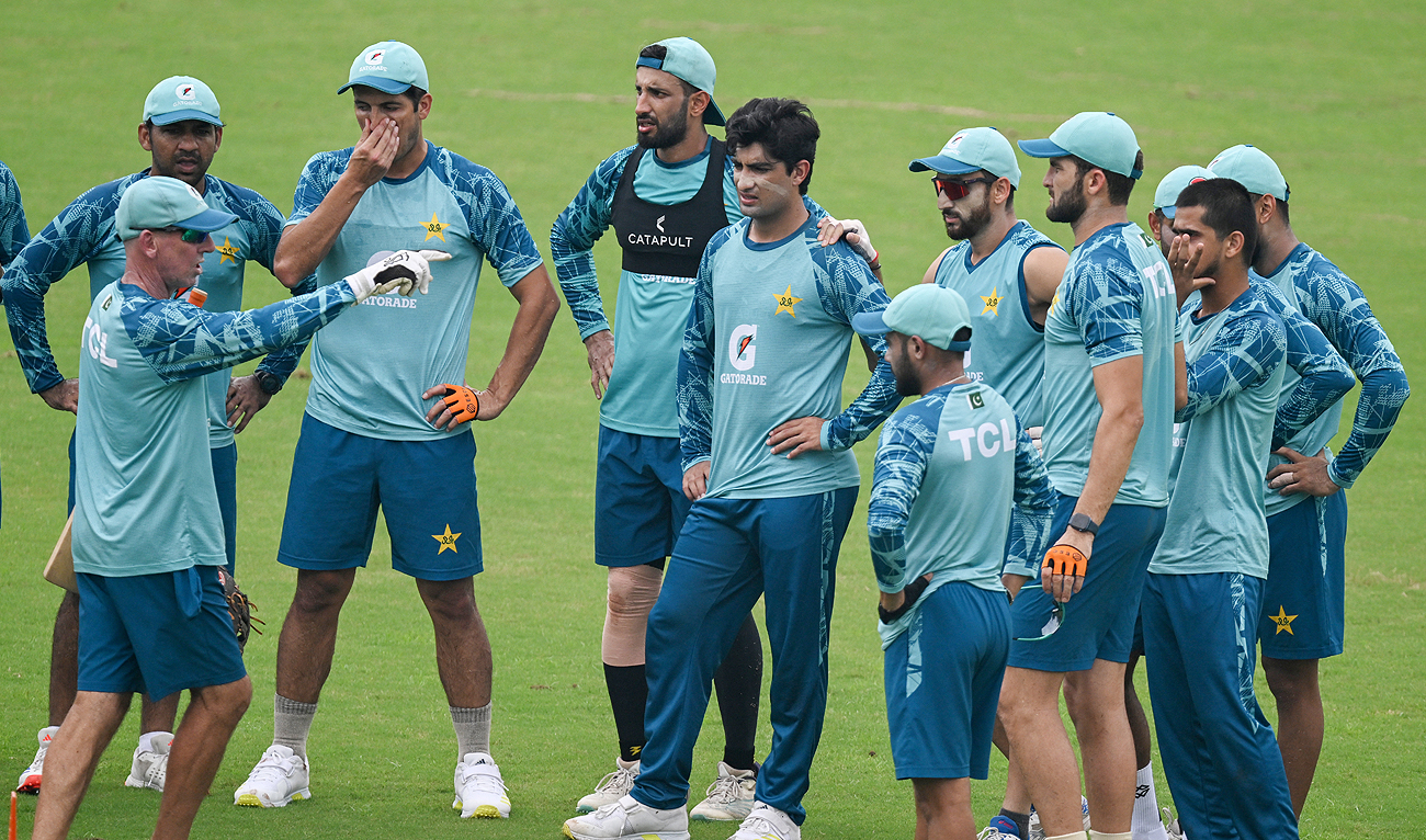 Pakistan’s cricketers attend a training session at the Rawalpindi Cricket Stadium in Rawalpindi on August 18, 2024, ahead of their first cricket Test match against Bangladesh. (AFP)