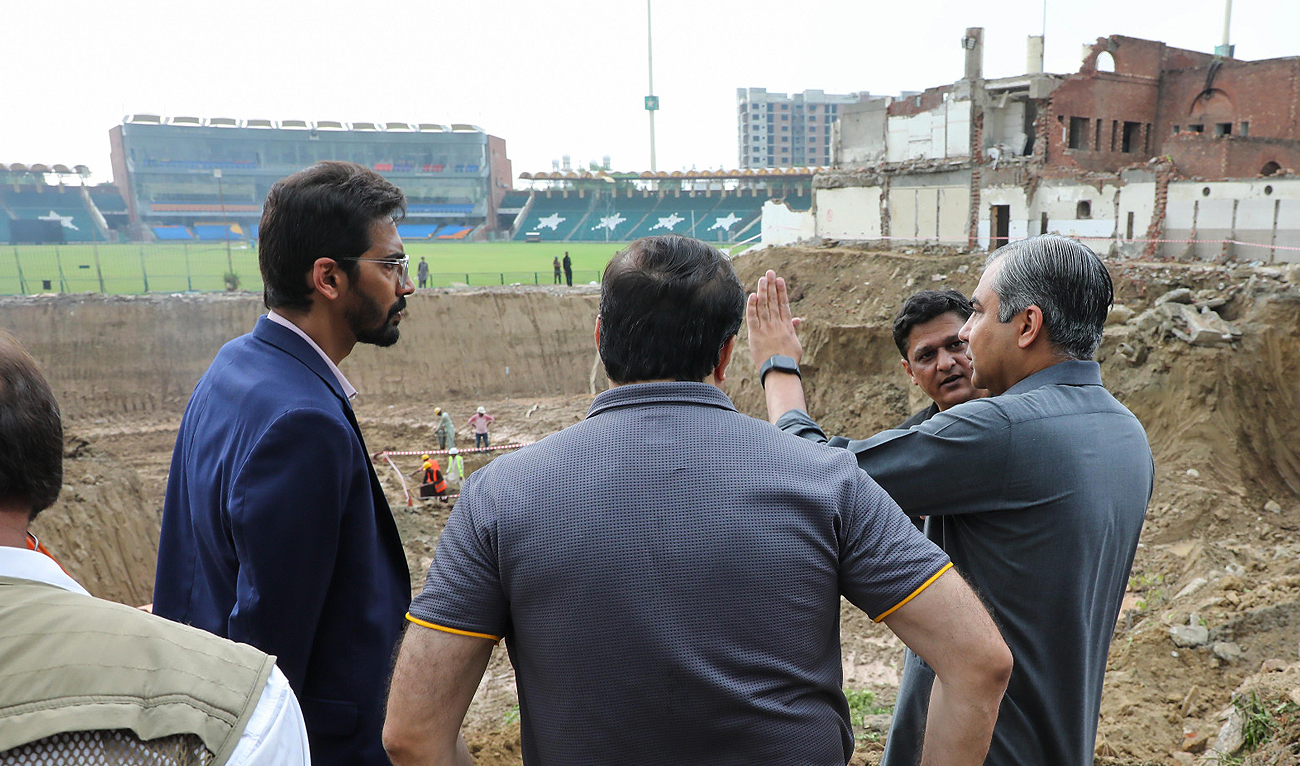 Pakistan Cricket Board (PCB) Chairman Mohsin Naqvi visits stadium renovation site at the Qaddafi Stadium in Lahore on August 19, 2024. (PCB)