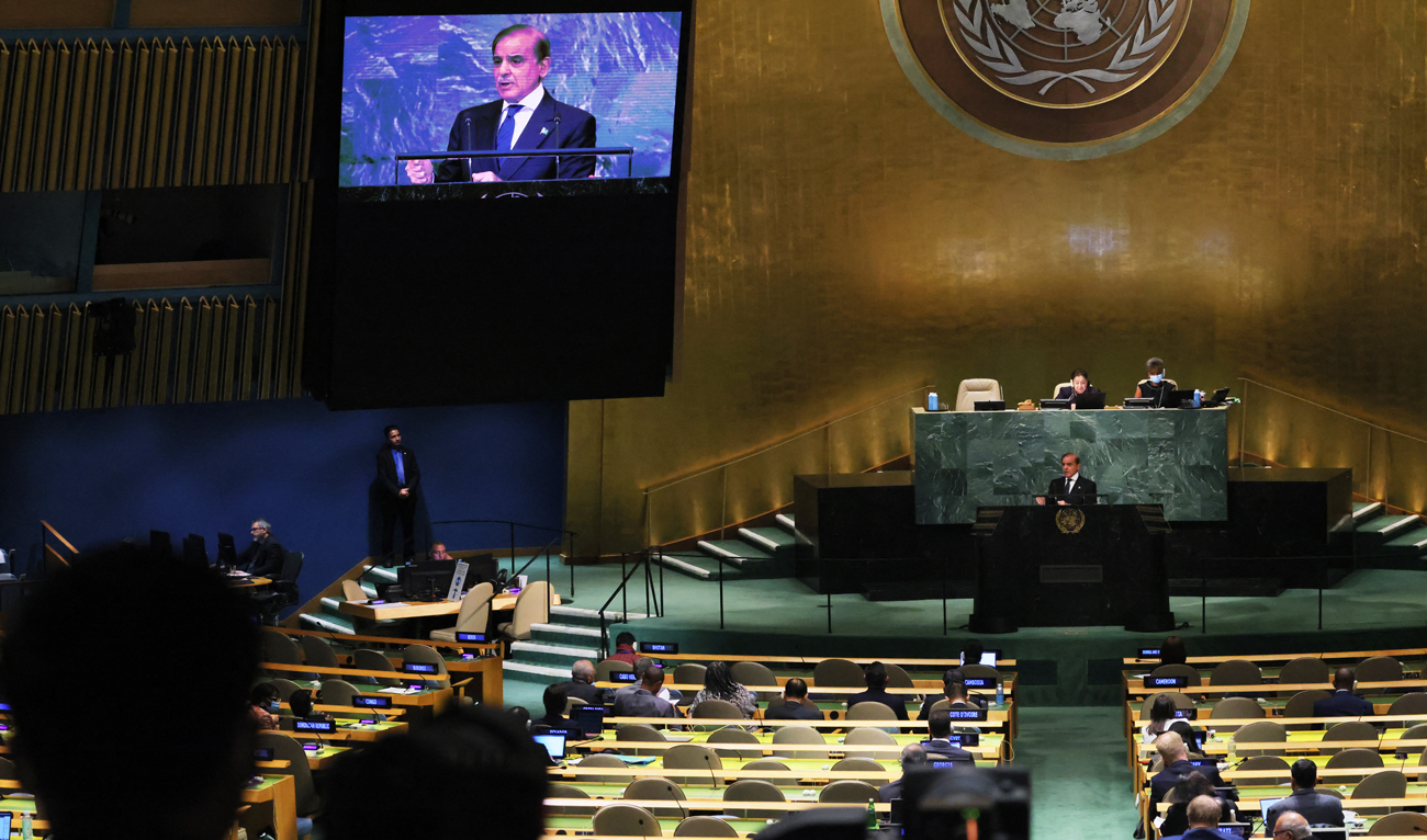 In this file photo, taken on September 23, 2022, Pakistan Prime Minister Shehbaz Sharif speaks at the 77th session of the United Nations General Assembly (UNGA) at UN headquarters in New York City. (AFP/File)