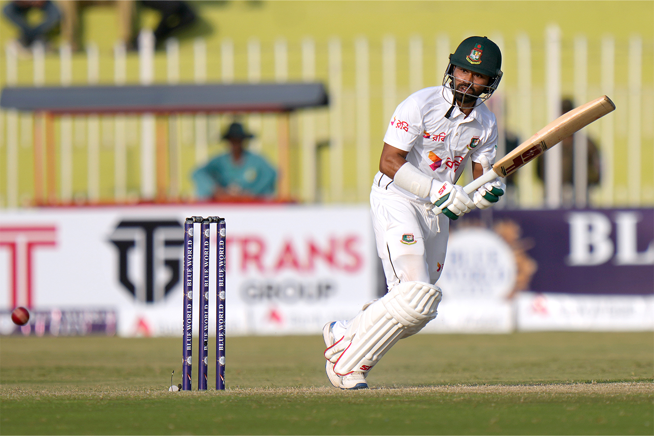 Bangladesh's Shadman Islam plays a shot during the second day of first cricket test match between Pakistan and Bangladesh, in Rawalpindi, Pakistan, on August 22, 2024. (AP)