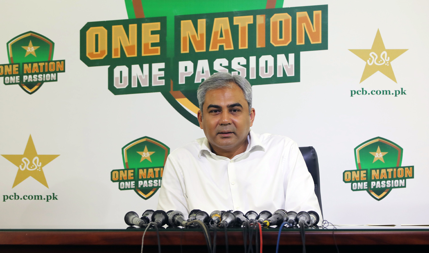 Pakistan Cricket Board chairman Mohsin Naqvi addresses a press conference on the Champions Cup at Gaddafi Stadium in Lahore, Pakistan on August 26, 2024. (@TheRealPCB/X)
