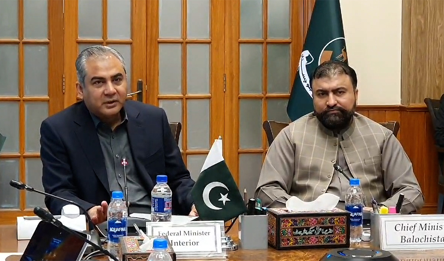 Pakistan's Federal Minister for Interior Mohsin Naqvi (left) addresses a media briefing along with Balochistan Chief Minister Sarfraz Bugti in Quetta, Pakistan on August 27, 2024. (Ministry of Interior)