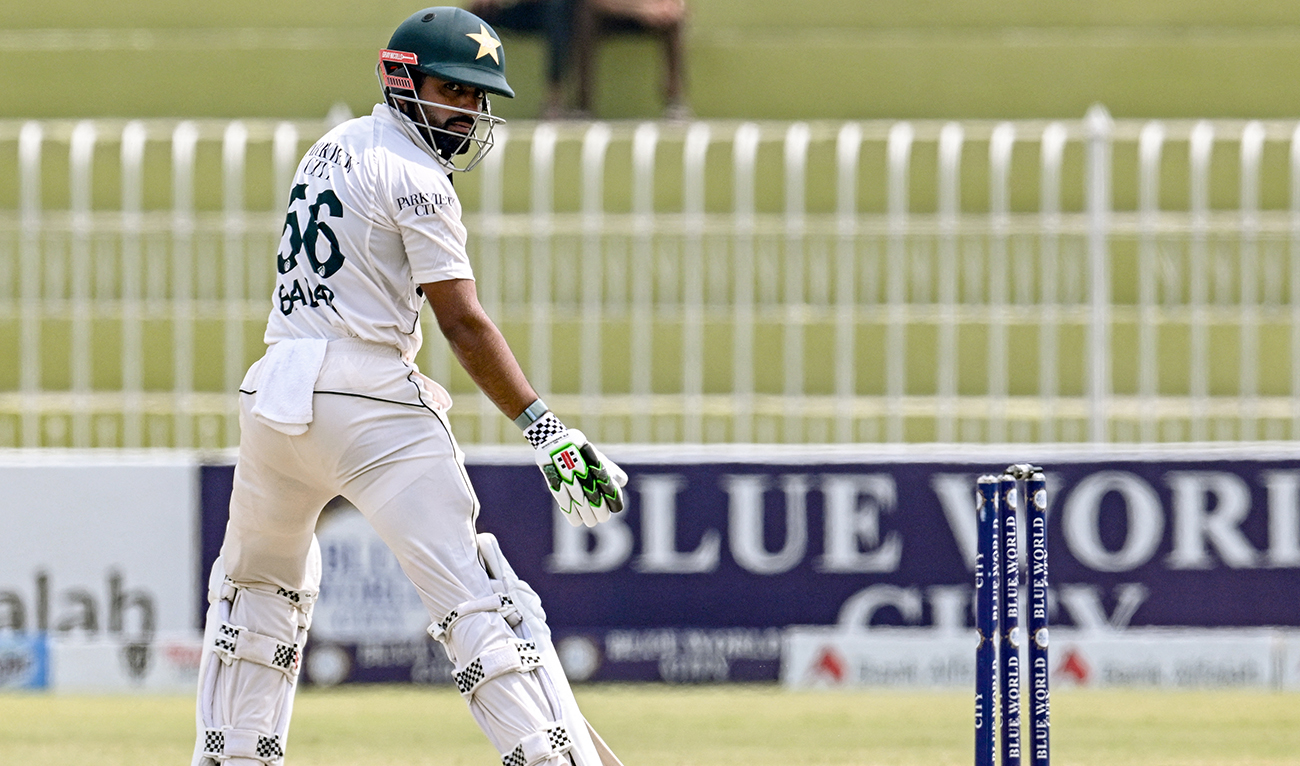 Pakistan's Babar Azam is clean bowled during the fifth and final day of the first Test cricket match between Pakistan and Bangladesh at the Rawalpindi Cricket Stadium in Rawalpindi on August 25, 2024. (AFP)