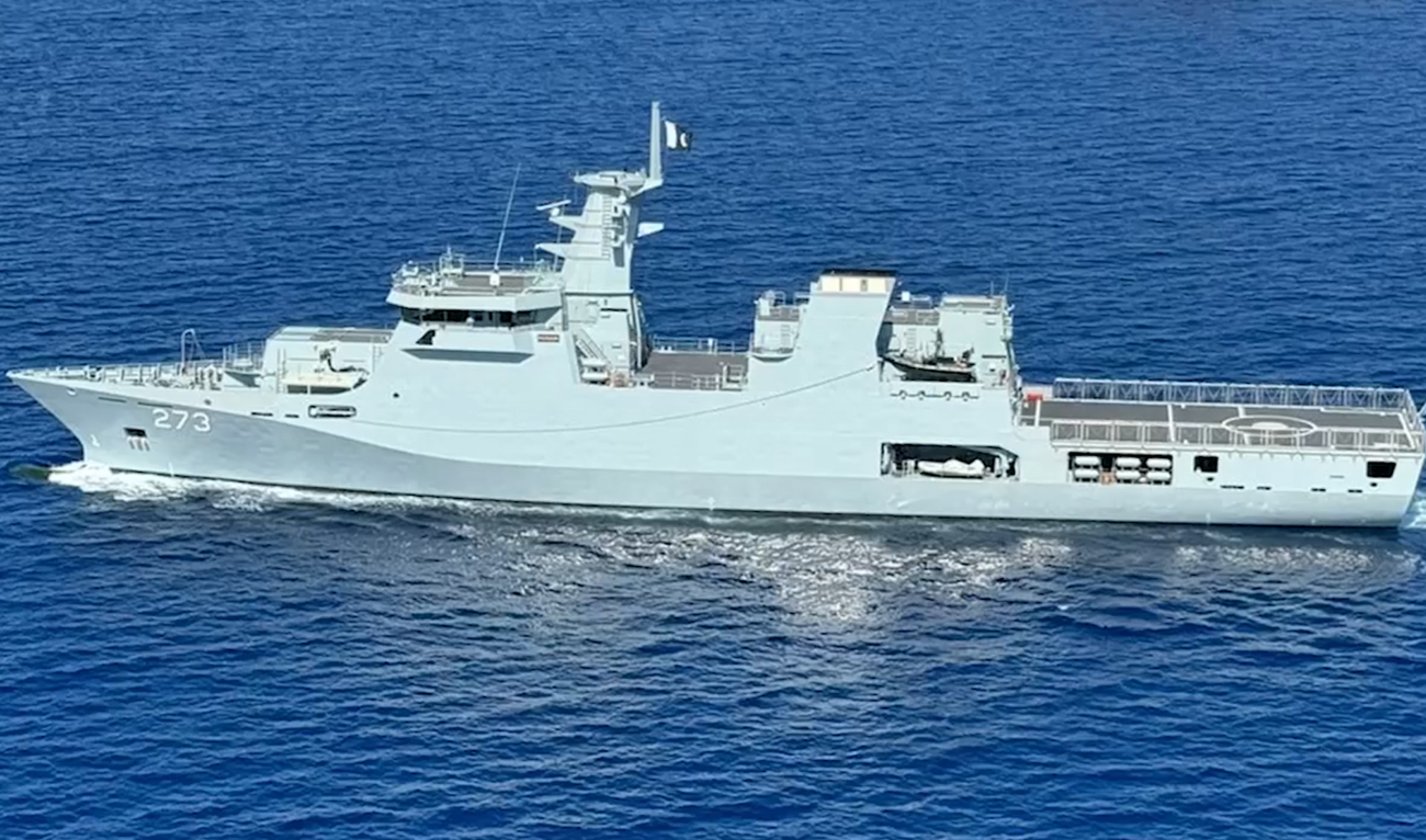 This screengrab, taken from a handout video released by Pakistan Navy on August 29, 2024, shows Pakistan Navy’s warship Hunain visits Salalah, Oman, during its maiden voyage from Romania to Pakistan. (Photo courtesy: Pakistan Navy)