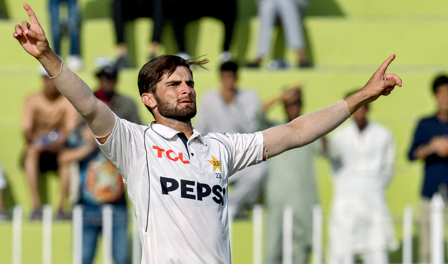 Pakistan's Shaheen Shah Afridi celebrates after taking the wicket of Bangladesh's Mehidy Hasan Miraz (not pictured) during the fourth day of the first Test cricket match between Pakistan and Bangladesh at the Rawalpindi Cricket Stadium in Rawalpindi on August 24, 2024. (AFP/File)