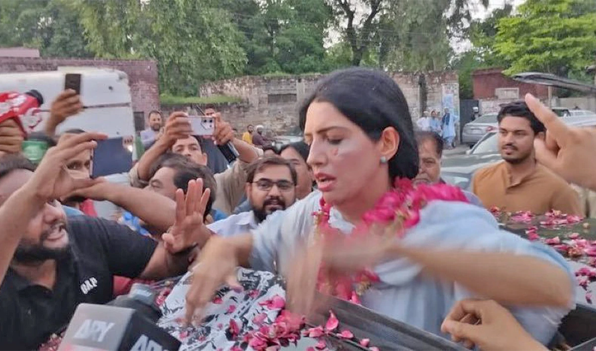 The image shows former prime minister Imran Khan's PTI party supporters celebrating the release of former parliamentarian and Khan's loyalist Aliya Hamza in Lahore, Pakistan, on August 7, 20234. (@Aliya_H_Malik/X)