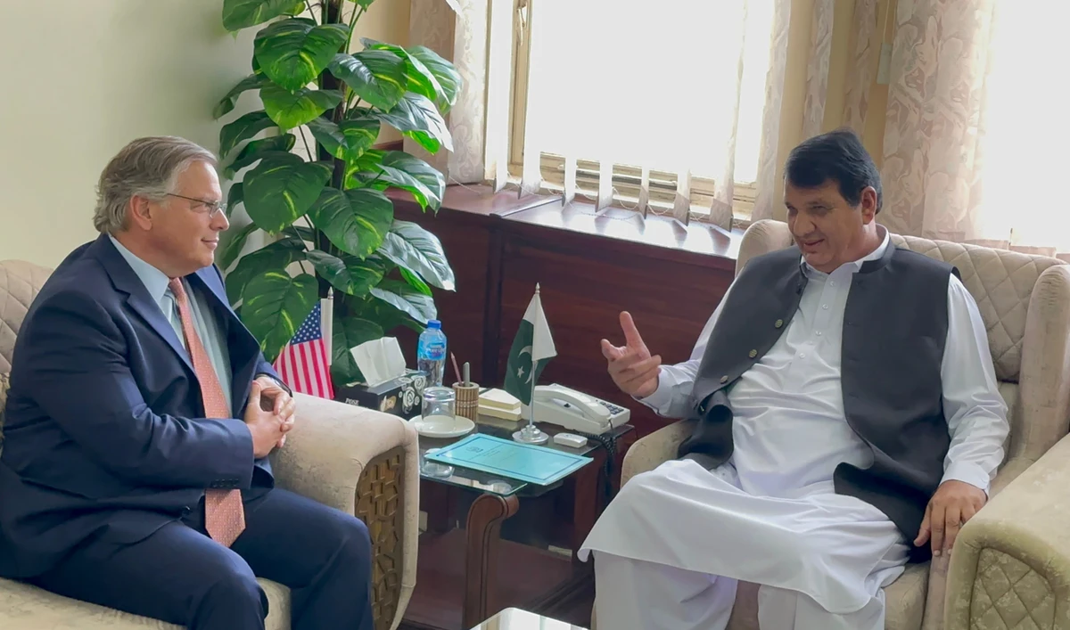 Pakistan’s States and Frontier Regions Minister Amir Muqam speaks during a meeting with US Ambassador Donald Blome in Islamabad on August 8, 2024. (Photo courtesy: US Embassy)