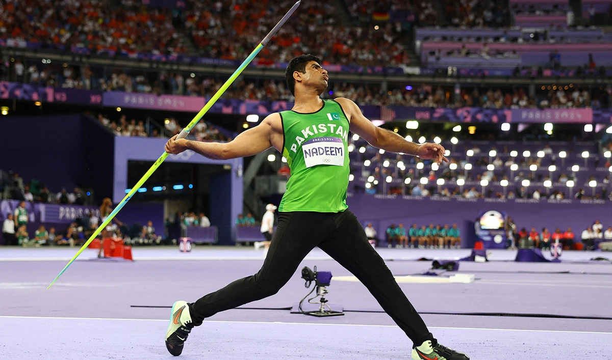 Arshad Nadeem, of Pakistan, competes during the men's javelin throw final at the 2024 Summer Olympics in Saint-Denis in France on August 8, 2024. (AP/File)