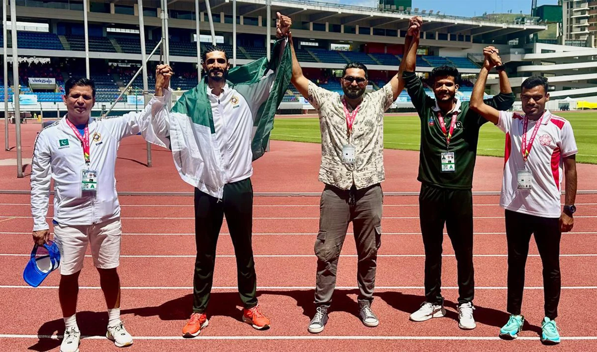 Members of Pakistan armed forces celebrate after winning five medals at at the World Military Cadet Games, organized by the International Military Sports Council (CISM) in Venezuela on August 22, 2024. (PTV News)