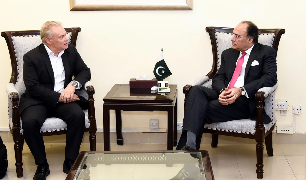 A representative from Finn Fund, Antti Partanen (left), calls on Pakistan's Finance Minister Muhammad Aurangzeb in Islamabad, Pakistan on August 27, 2024. (@Financegovpk/X)