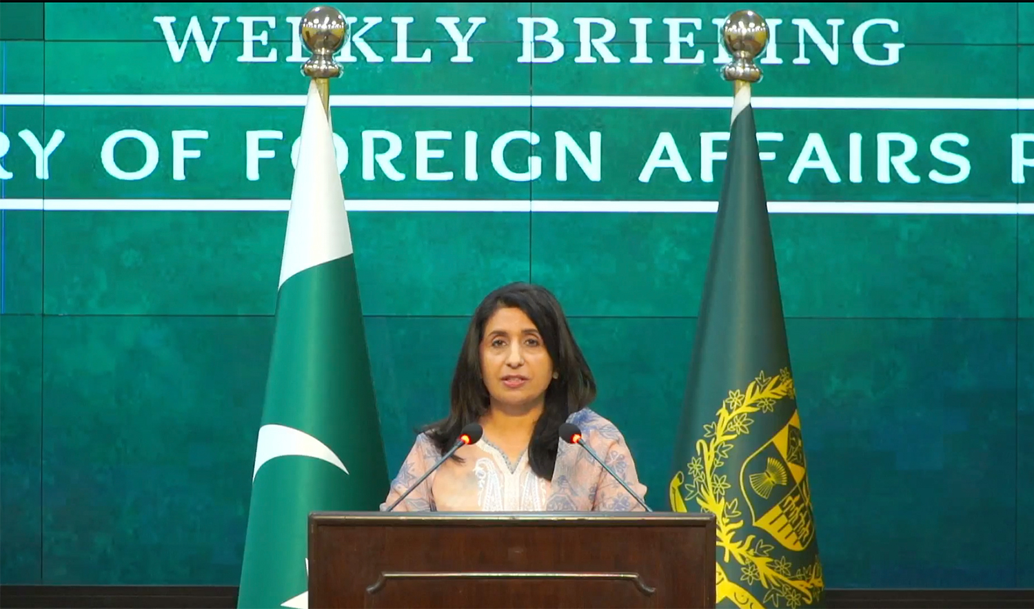 The screenshot taken from the video from the Ministry of Foreign Affairs shows Pakistani Foreign Office spokesperson Mumtaz Zahra Baloch addressing a media briefing in Islamabad, Pakistan on September 5, 2024. (MOFA/Facebook)